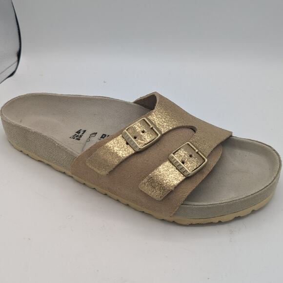 Birkenstock Vaduz Slide Sandal Gold Tone Leather Tan Suede Buckle 41 - Picture 10 of 10
